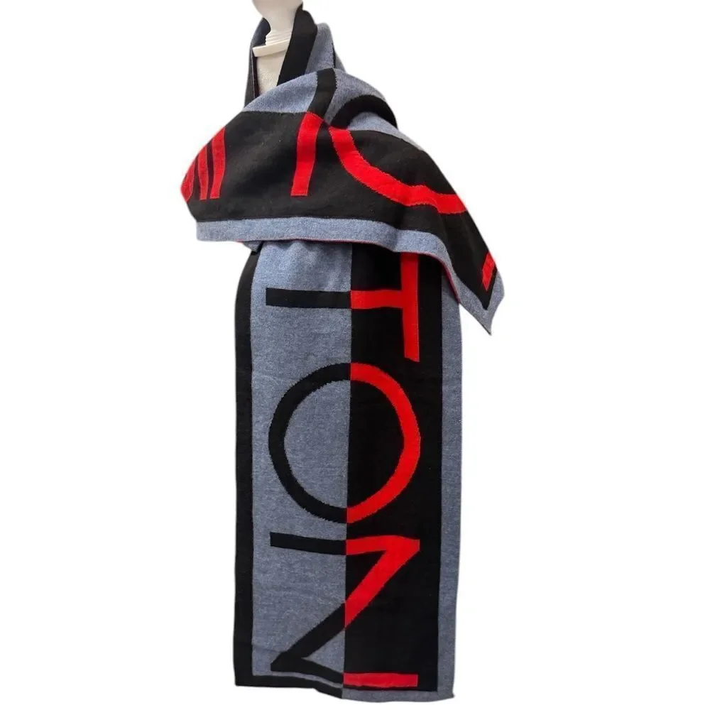 Auth Louis Vuitton 100% Wool Red Blue Black Gray Horizon Scarf Stole Muffler